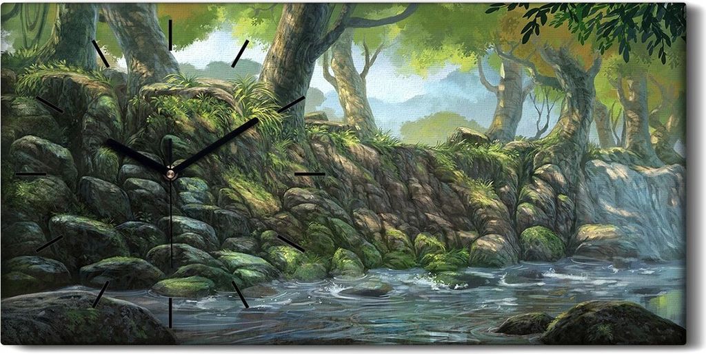Wandkunst Leinwand Bild Uhr 60x30 Malerei Wald Bäume Fluss Steine Kunst - schwarze Hände