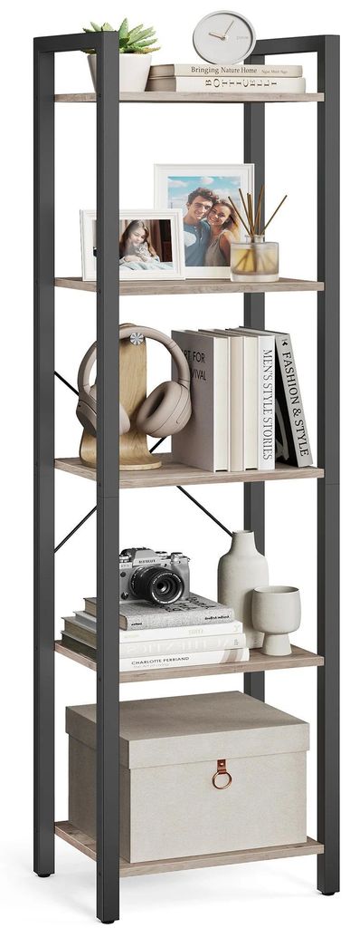 Bücherregal / Aufbewahrungsregal - LLS100 5 Ebenen - Metallgestell - Spanplatte - Modern Minimalistisch - Für Wohnzimmer/Büro - Dunkles Khaki