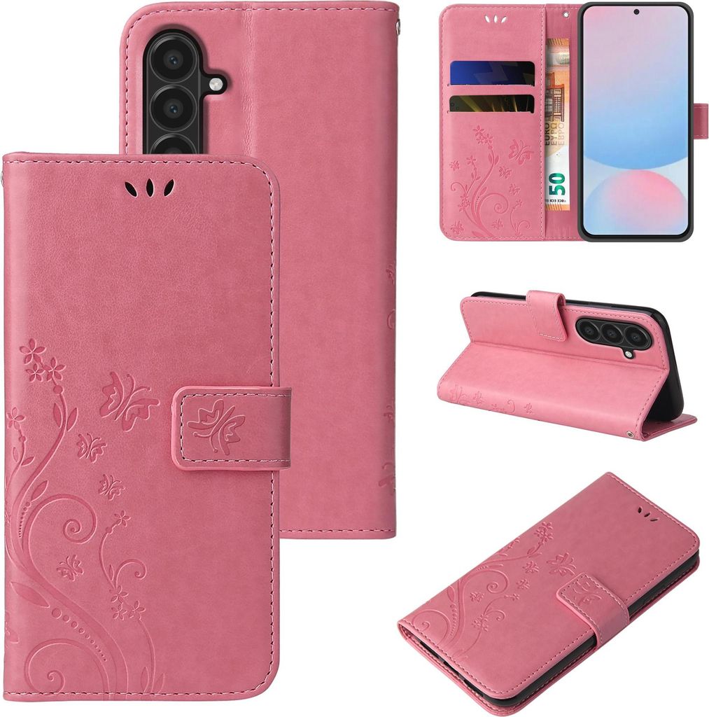 Handyhülle für Samsung Galaxy A57 5G Floral Blumen Schmetterling Flip Cover Hülle Case Klapphülle Handytasche Farbe: Rosegold