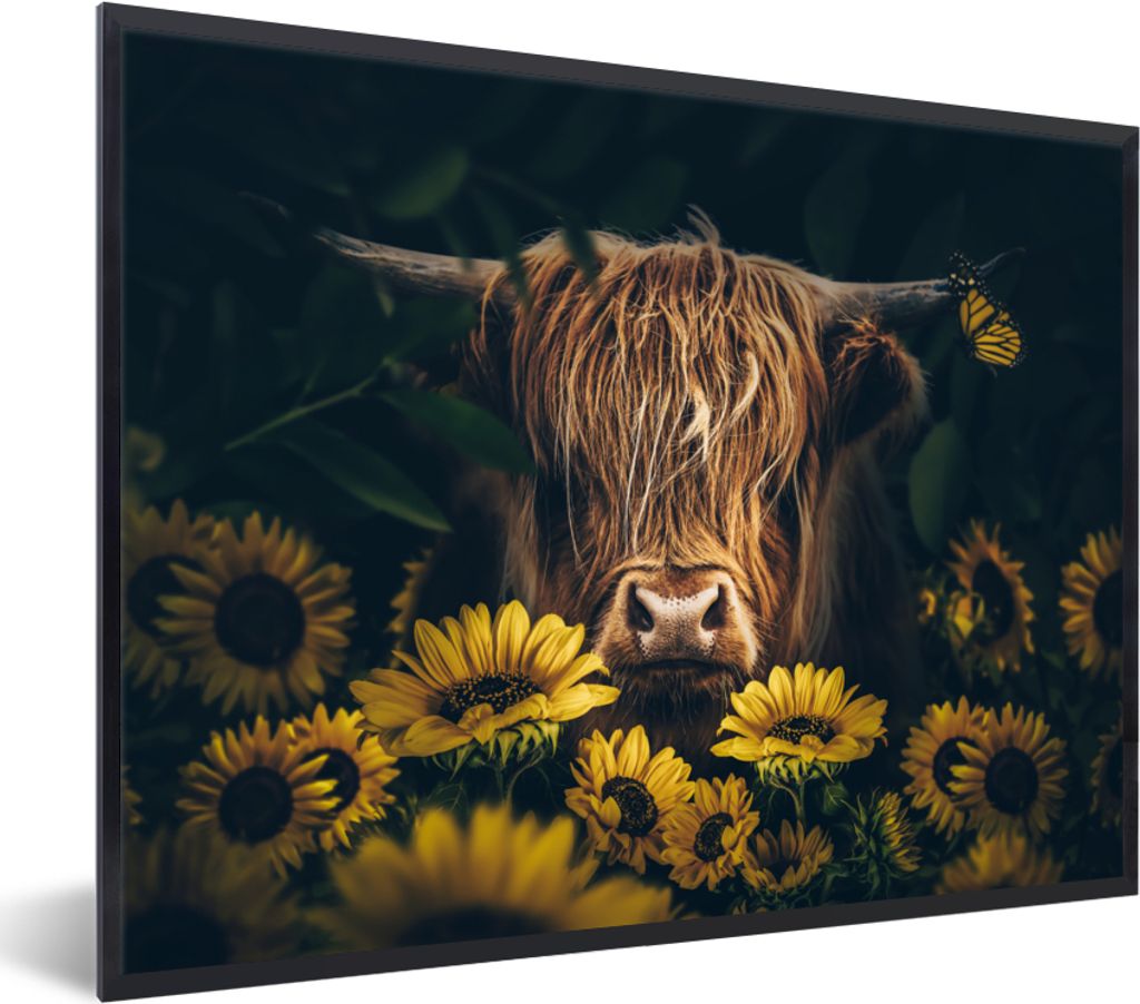MuchoWow Gerahmtes Poster Schottische Highlander - Blumen - Kuh - Botanisch - Tiere 80x60 cm - Poster mit Schwarzem Bilderrahmen Wandposter Rahme...