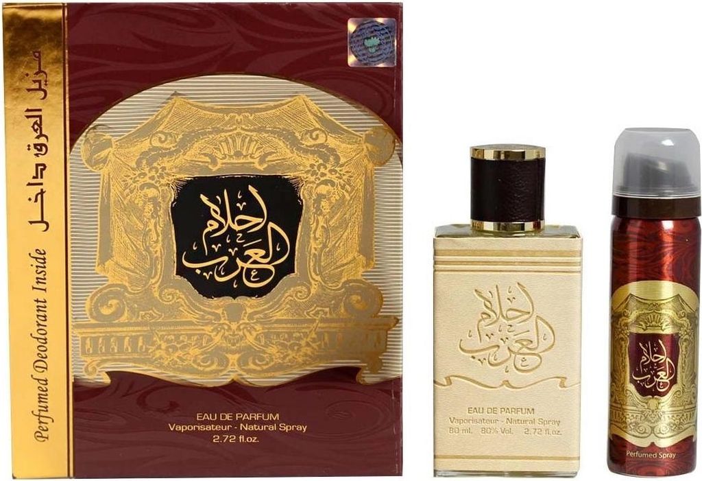 A product shot of a perfume set including a box, a perfume bottle, and a deodorant spray.