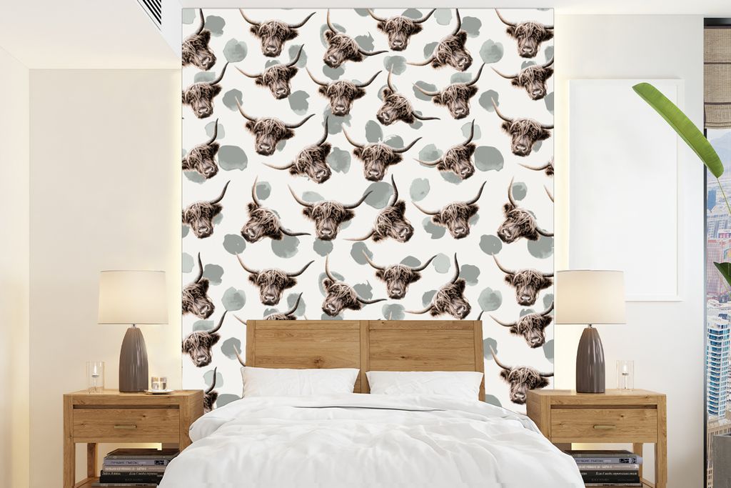 MuchoWow Fototapete für Wohnzimmer oder Schlafzimmer Wandtapete Vinyl Motivtapete Schottischer Highlander - Kuh - Muster - 190x260 cm - Papierta...