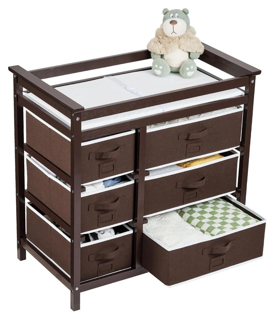 Wickelkommode - Wickeltisch - Mit 6 Schubladen - Wickelauflage Inklusive - Holz - Braun