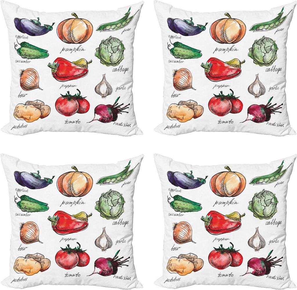 ABAKUHAUS Gemüse Kissenbezug Set (4 Stück), Sketchy Hand Drawn Artikel, Moderner Doppelseitiger Digitaldruck, 45 cm x 45 cm, Mehrfarbig