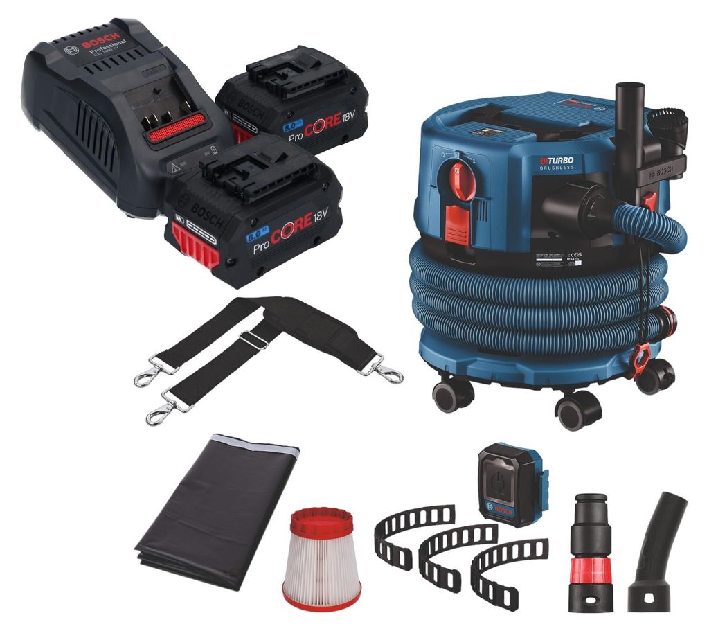 Bosch GAS 18V-12 MC Professional Akku Staubsauger BITURBO Brushless + 2x ProCore Akku 8,0 Ah + Schnellladegerät + Zubehör