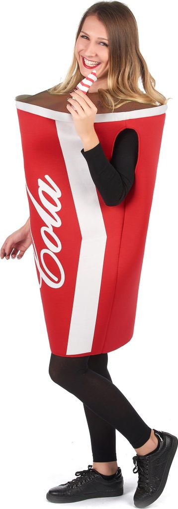 A woman wearing a cola cup costume.