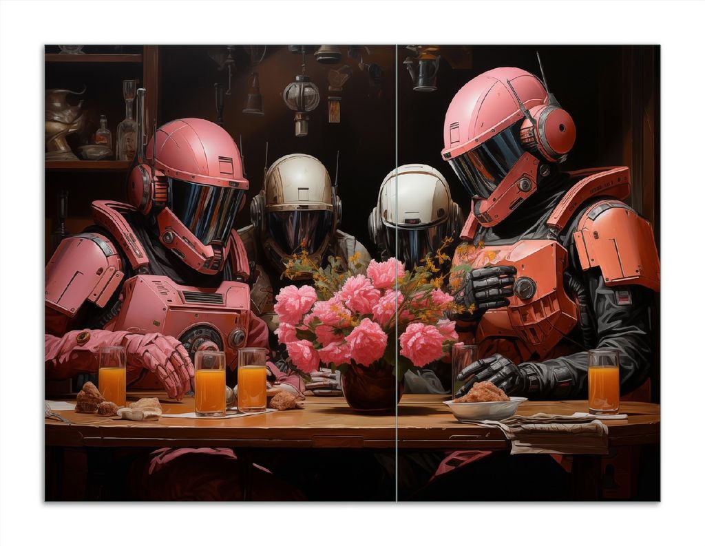 Wallario Herdabdeckplatte aus Glas, Größe 70 x 52 cm 2-teilig, Motiv Astronauten beim Frühstück