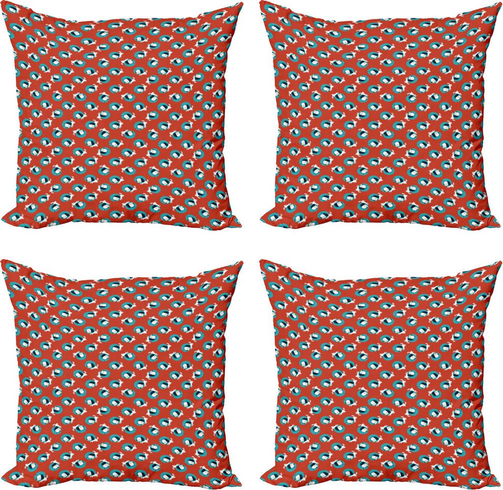 ABAKUHAUS Hunde Kissenbezug Set (4 Stück), Hunde mit Schutzkragen, Moderner Doppelseitiger Digitaldruck, 60 cm x 60 cm, Rot-Blau und Weiß