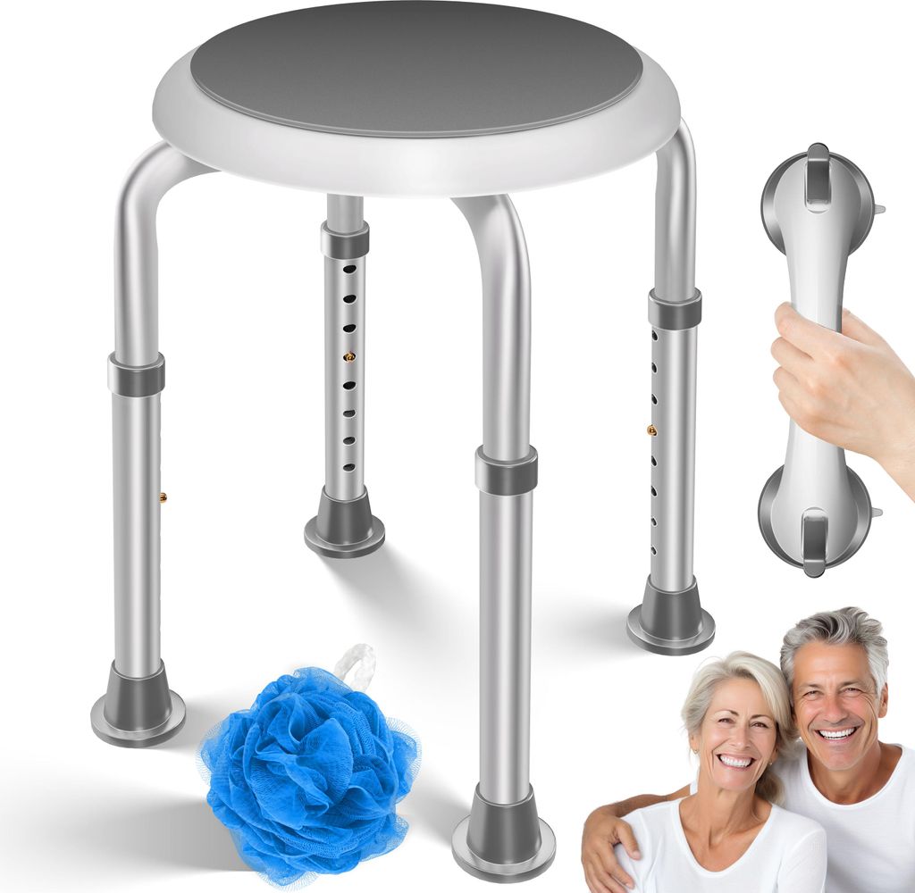 KESSER Duschhocker höhenverstellbar 8 Stufen Badhocker 136KG belastbar Duschstuhl Duschhilfe Senioren Duschsitz Gummifüße & Haltegriff Weiß Grau