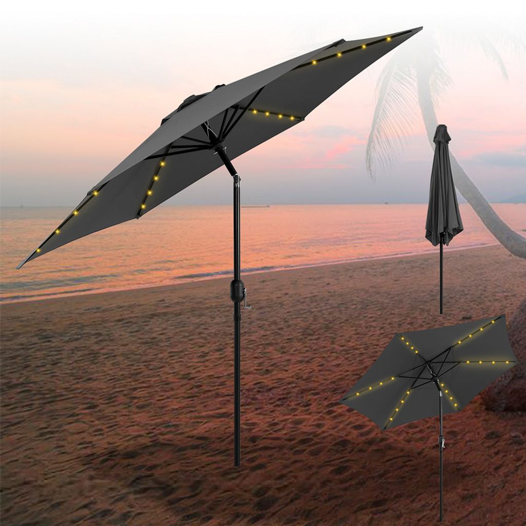 karpal 2.7m-3.5m Sonnenschirm mit LED Solar Marktschirm mit Handkurbel UV40+ Outdoor-Schirm Terrassen,Grau,2.7m