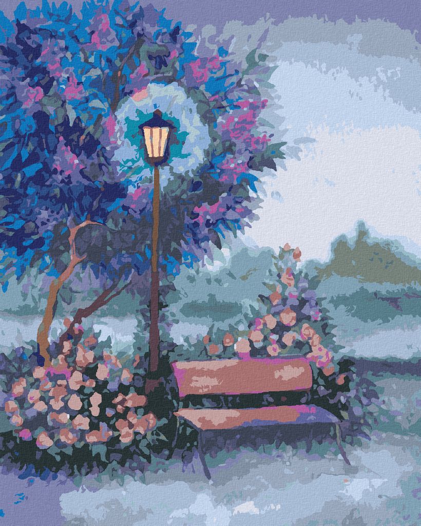 Zuty - Malen nach Zahlen - BANK BEI LEUCHTENDER LAMPE, 40x50 cm, mit Keilrahmen (bereits gespannt)
