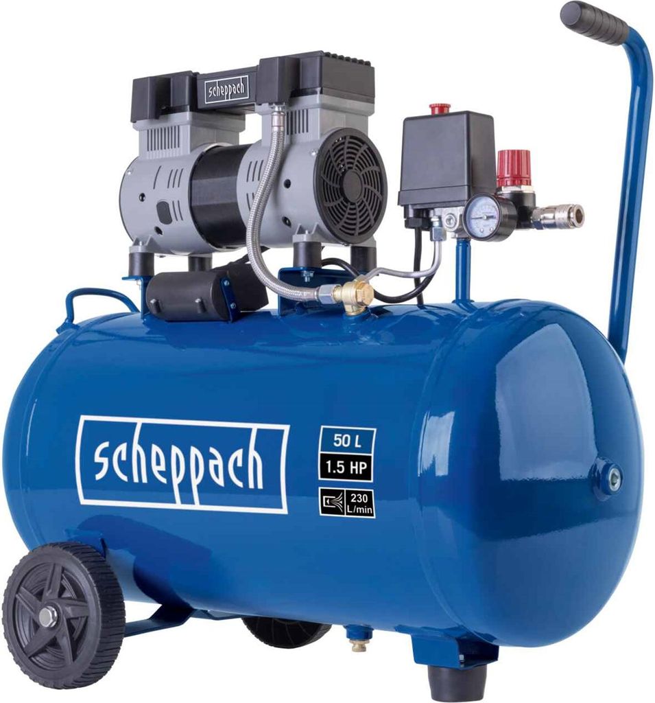 A blue air compressor with a silver and black motor unit, set against a white background.
