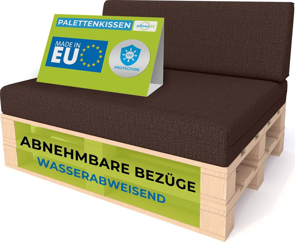 Pillows24 - Palettenkissen mit abnehmbarem Bezug - 2ER SET | Polster für Europaletten 120x80 Sofa - Wasserfest - Outdoor/Indoor | Braun