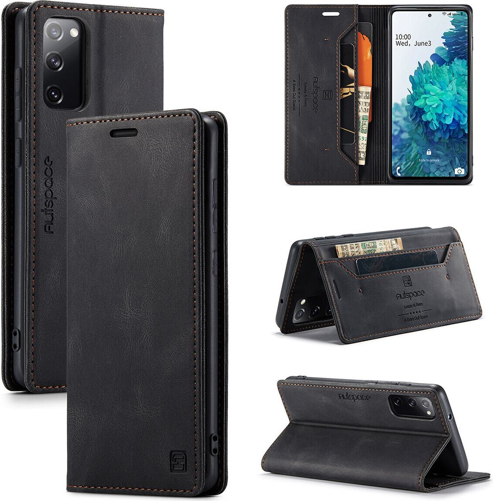 Samsung Galaxy S20 FE Brieftasche Hülle, Retro Kunstledertasche Stand Schutzhülle für Samsung Galaxy S20 FE 5G Schwarz