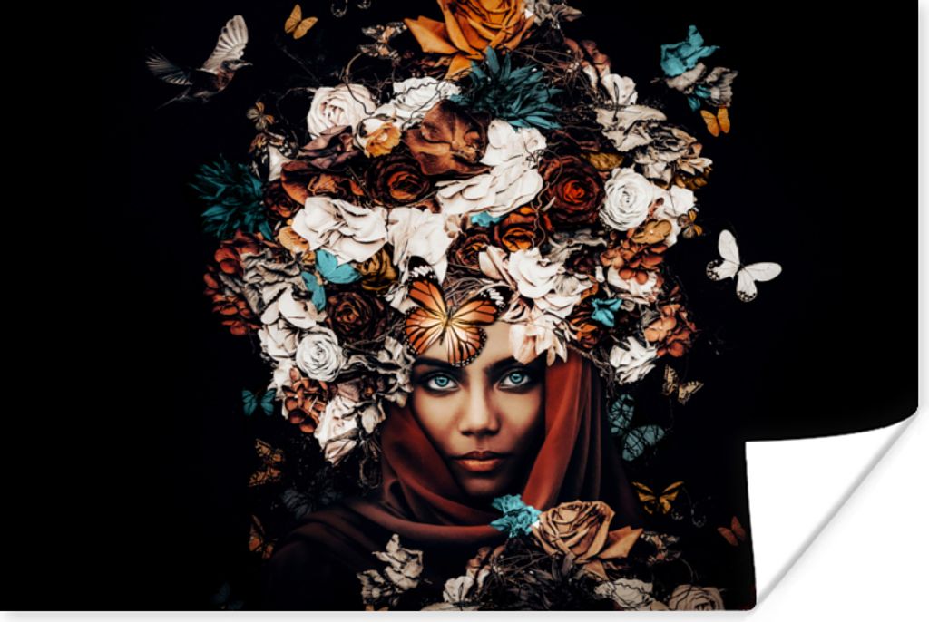 MuchoWow Poster Blumen - Schmetterling - Frauen - Kopftuch 180x120 cm - Fotoplakat