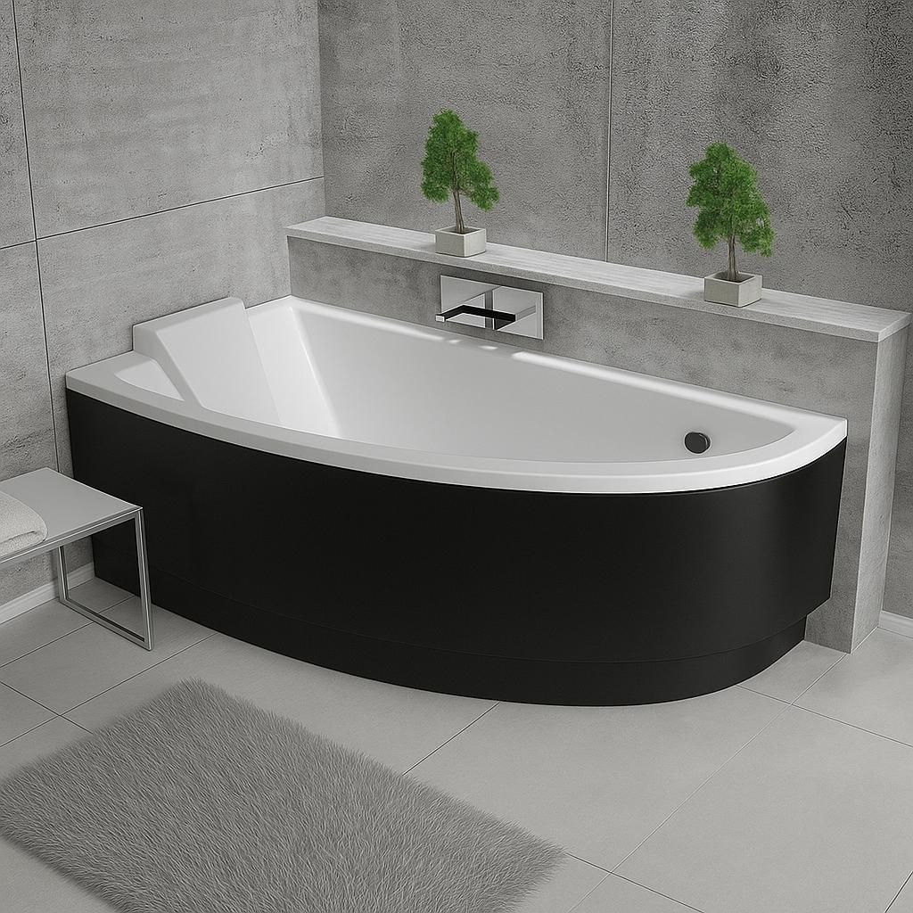 Badewanne PRAKTIKA 140 x 70 mit Füßen , mit Siphon und schwarz Schürze, linke