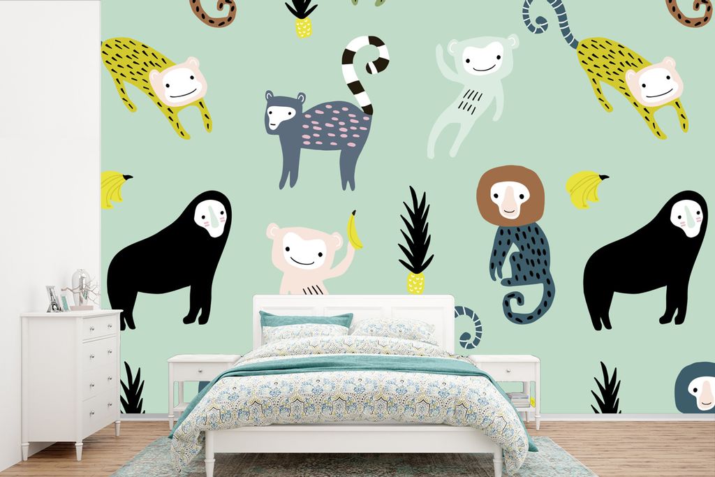 MuchoWow Fototapete für Wohnzimmer oder Schlafzimmer Wandtapete Vinyl Motivtapete Affe - Obst - Pastell - 525x350 cm - Das Hintergrundbild