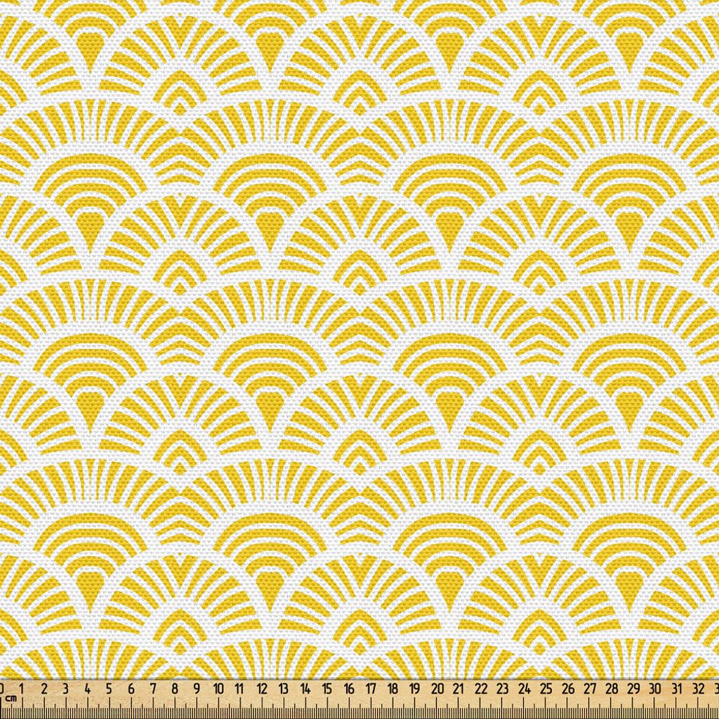 ABAKUHAUS Gelb Gewebe als Meterware, Weinlese-Hand gezeichnete Art Art Nouveau Muster-geometrische Retro- Skala-Japaner, 1 M (148 x 100 cm), Gelb w...