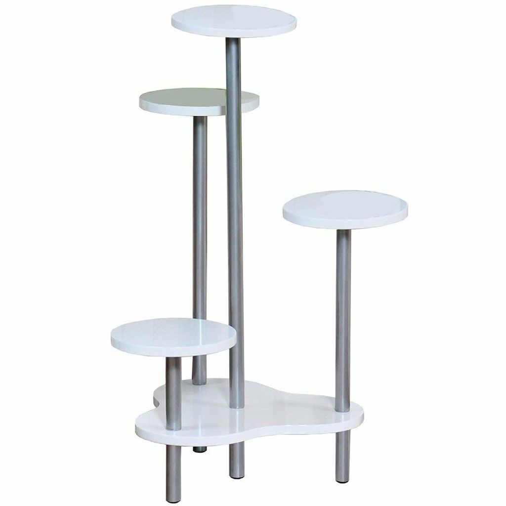A white multi-tiered plant stand with silver poles against a white background.