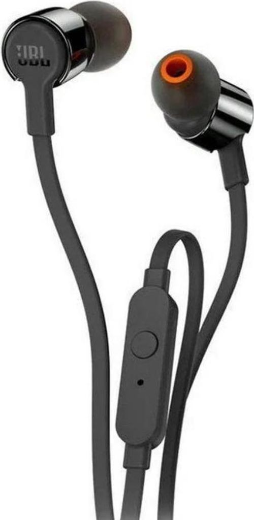 A pair of black in-ear headphones with orange accents.