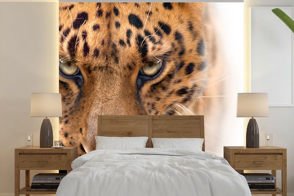 MuchoWow Fototapete für Wohnzimmer oder Schlafzimmer Wandtapete Vinyl Motivtapete Leopard - Porträt - Augen - 280x280 cm - Hintergrundbild