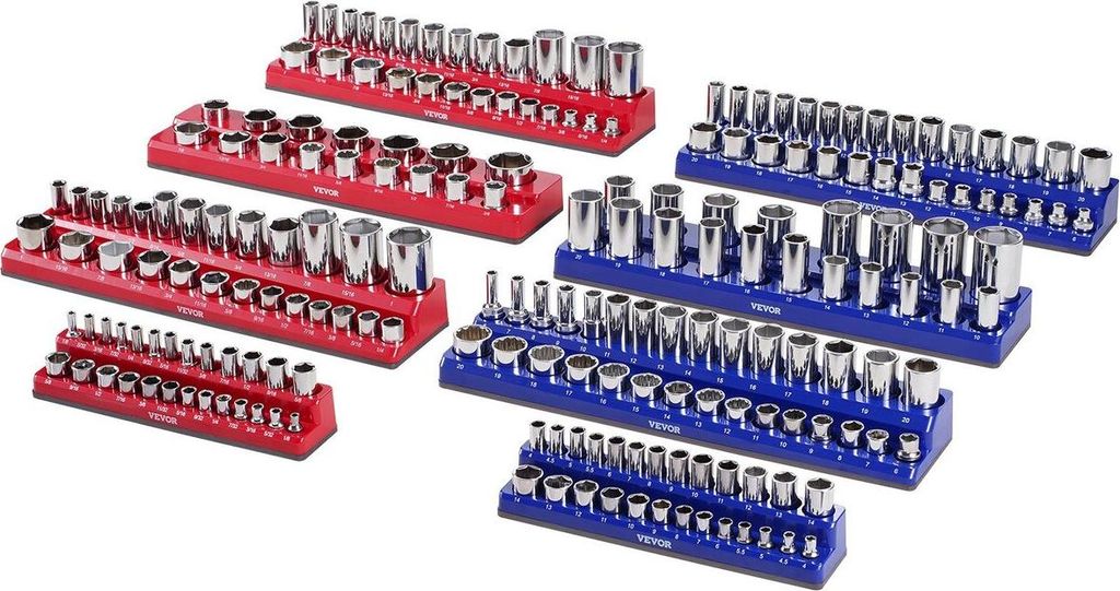 Magnetischer Steckschlüssel-Organizer-Satz, 8-teilig, Steckschlüssel-Ablagen, blau und rot, für metrische SAE-Steckschlüssel