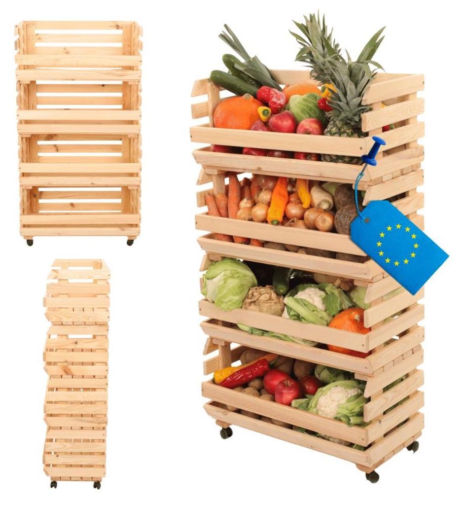 MODO24 Gemüseregal Holz, 4 Holzkisten, Kartoffelsteige, Obstregal, Rollenregal, Stapelbar, Vorratsregal, Massivholz Kiefer, 106x57x30 cm, Natur, RAWA