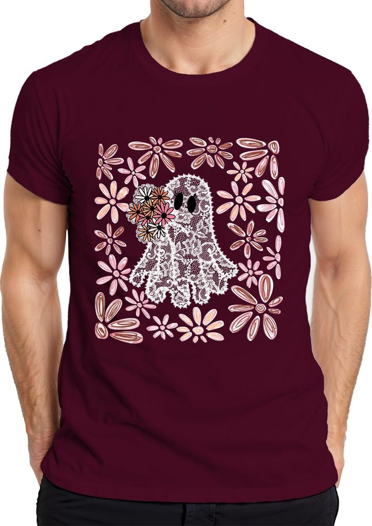 Halloween Gespenst Spitze Blumen Boho Gänseblümchen Süß Niedlich Herren T-Shirt, Burgundy, XL
