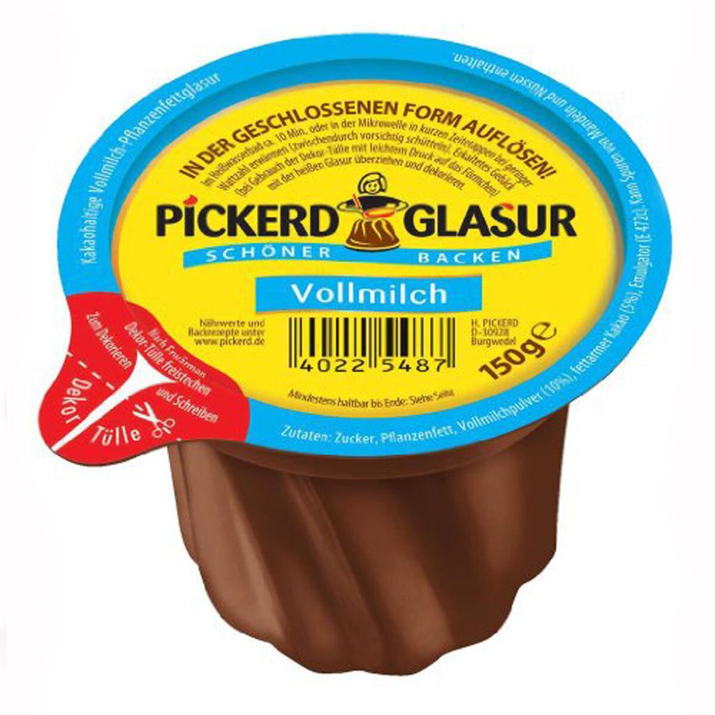 A product shot of a single container of PICKERD Vollmilchglasur.