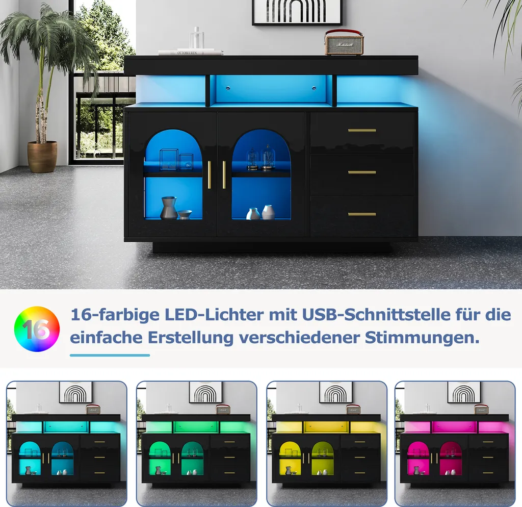 Commode de Salon Façade Brillante Noire avec LED Intégrées et Tiroirs