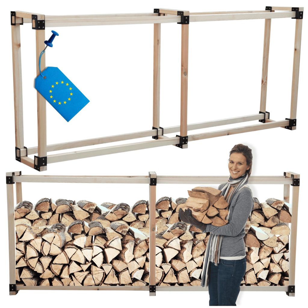 MODO24 Kaminholzregal, Holzunterstand, Brennholzregal, Holzlager, Brennholzständer, Aufbewahrung, Garten, Wetterfest, Massivholz, 124x292x40 cm, DRE
