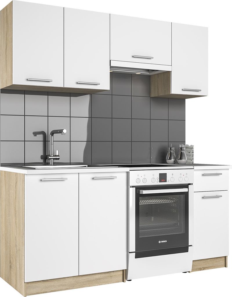 A modern kitchen unit with white cabinets and a wood-tone base, featuring a sink, faucet, and oven.
