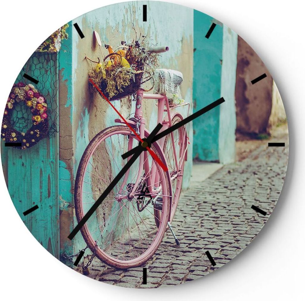 Wanduhr - Rund - Glasuhr - Rosa Fahrrad Vintage - 30x30cm - Schleichendes Uhrwerk - Lautlos - zum Aufhängen bereit - Dekoration Modern - Wanddekor...