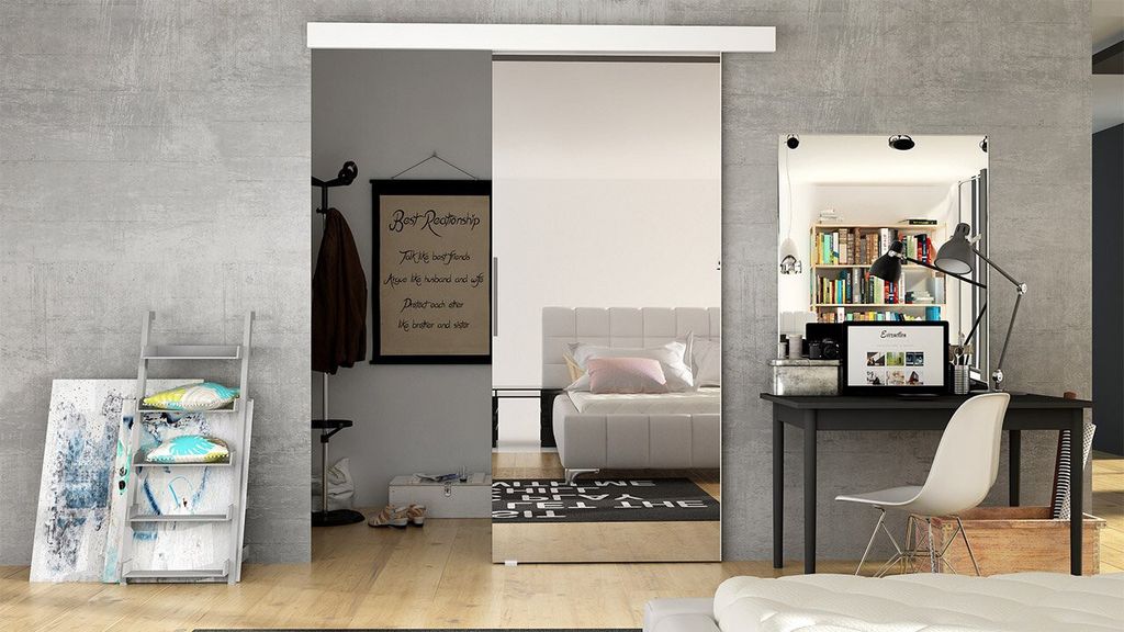 Posuvné dveře se zrcadlem SKULEN 2 - 90 cm, bílé Obrázek produktu 