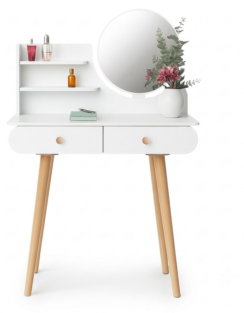 Schminktisch MRDT08-W, weiß, aus MDF, mit Spiegel (Ø 40 cm) Produktbild 