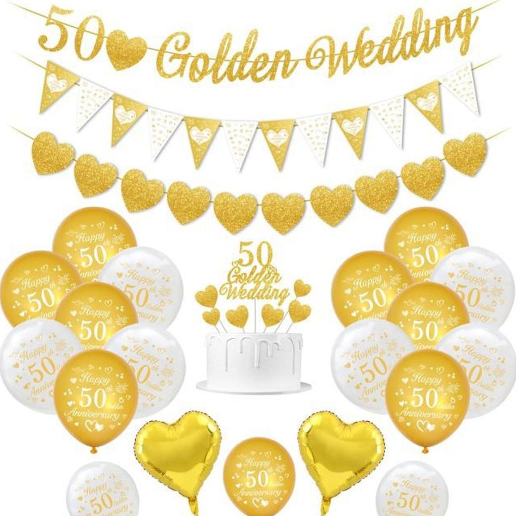 Dekorationen für eine goldene Hochzeit, Glitzerbanner, Wimpelketten und Luftballons zum 50. Hochzeitstag – Partyzubehör