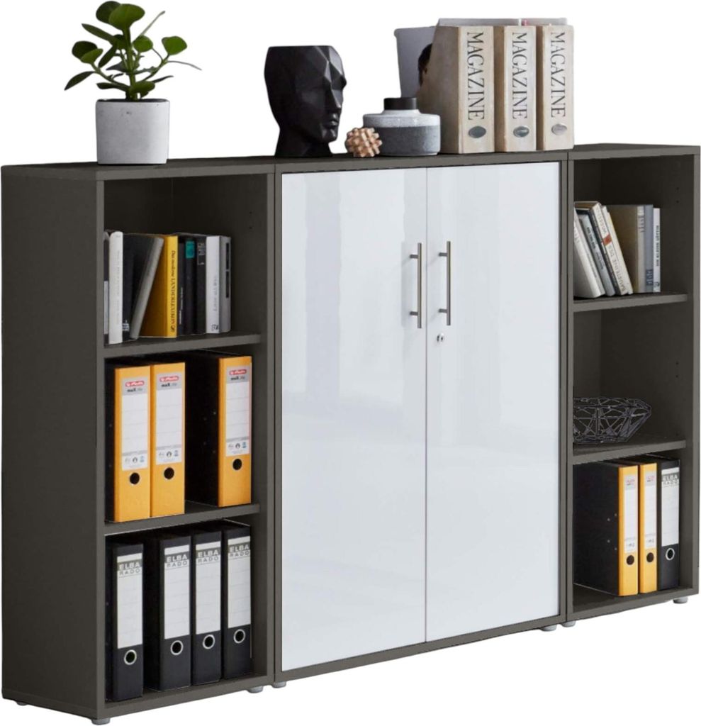 Aktenschrank TABOR 2 in anthrazit / weiß Hochglanz, Schrankwand, Büroschrank, abschließbar, Metallgriffe