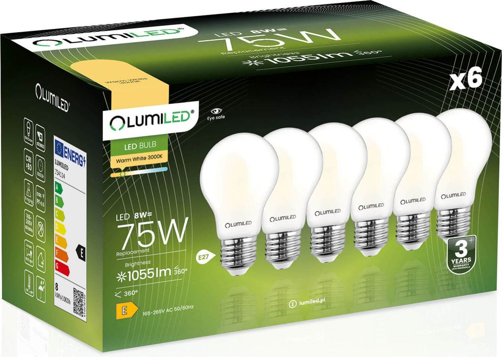 6x Żarówka LED E27 A60 8W = 75W 1055lm 3000K Ciepła 360° Zdjęcie produktu 