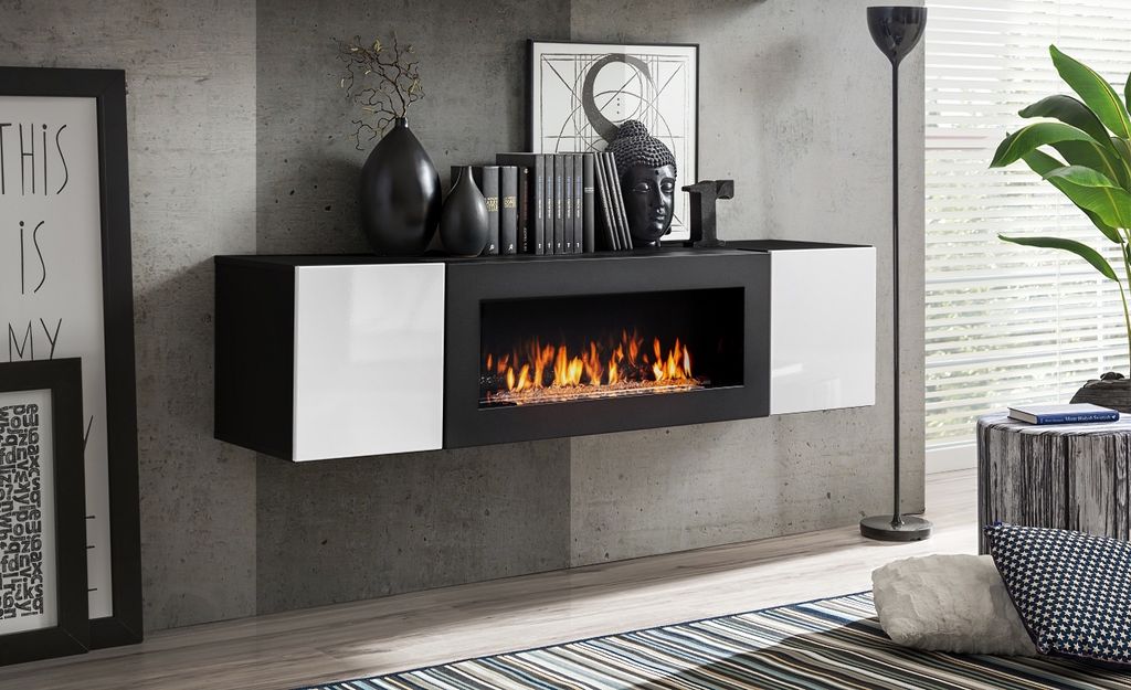 TV Tisch mit ETHANOL KAMIN Lowboard TV Board Unterschrank Fly SBK ZW Hochglanz