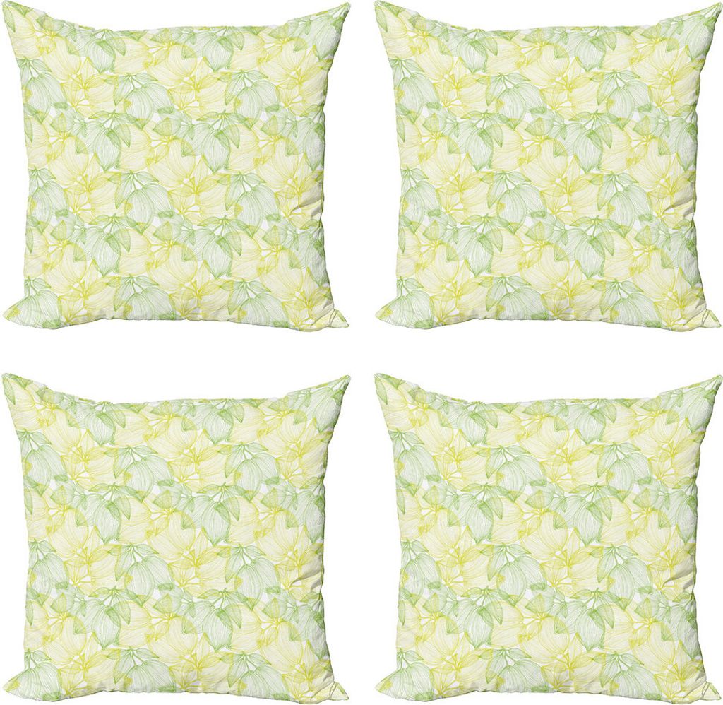 ABAKUHAUS Zitronen Kissenbezug Set (4 Stück), Cage Inspired Zeichnung, Moderner Doppelseitiger Digitaldruck, 60 cm x 60 cm, Gelb Grün Farn-Grün
