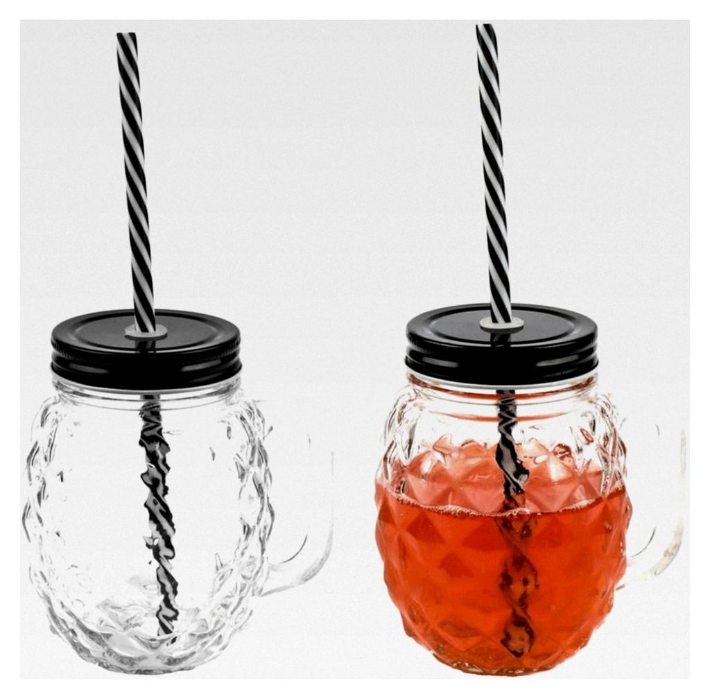 2er-Set 3D Ananas Glas Trinkgläser mit Deckel und stabilem Strohhalm 450ml