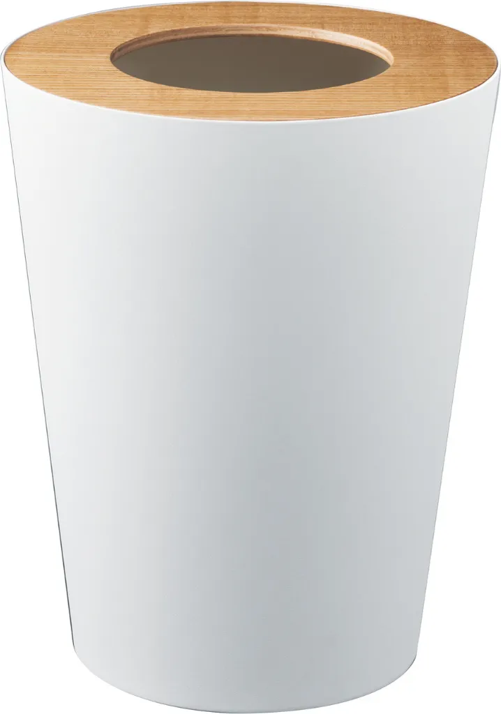 Poubelle Yamazaki 28 cm ronde blanche avec couvercle en bois naturel