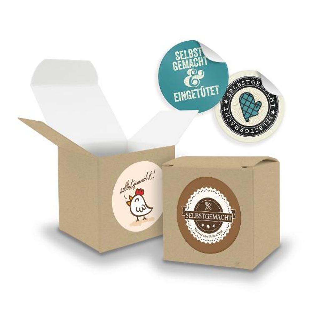 SET Selbstgemacht(Motiv44) 24x Faltschachtel Würfel 6,5cm BRAUN + Sticker