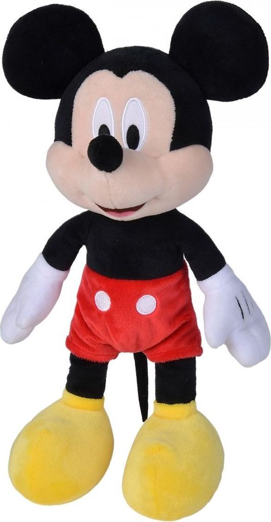 A full-body shot of a Mickey Mouse plush toy standing against a white background.
