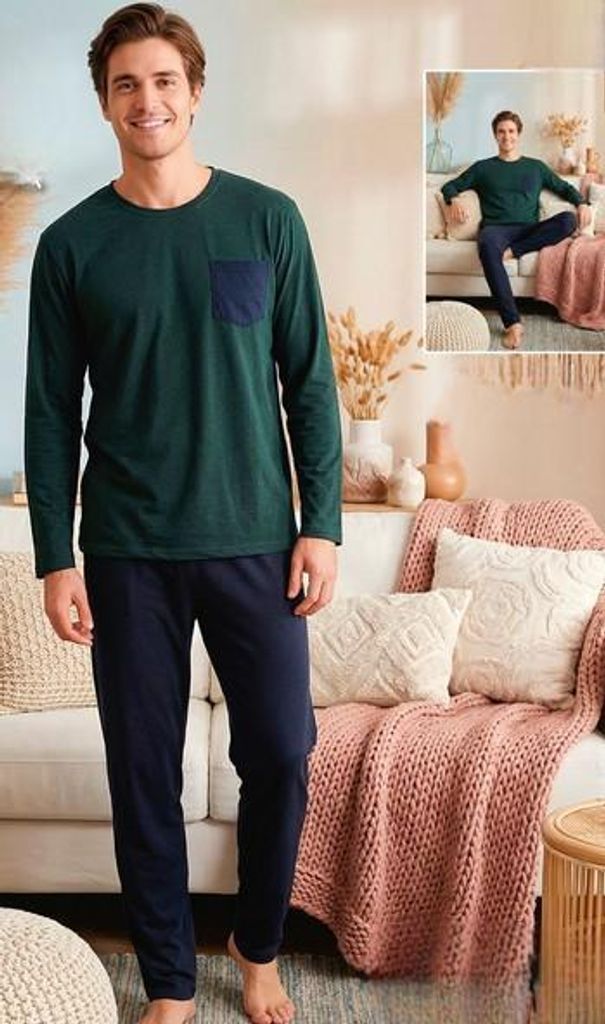 Herren Pyjama Schlafanzug Grün XXL Baumwolle Lang M-34 Produktbild 