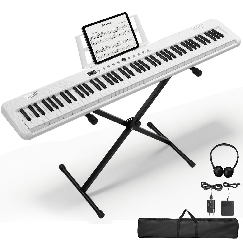 FCH Digitalpiano E-Piano Digital Keyboard 88 Tasten Komplett-Set mit Ständer, Pedal, Kopfhörer & Tasche, Weiß