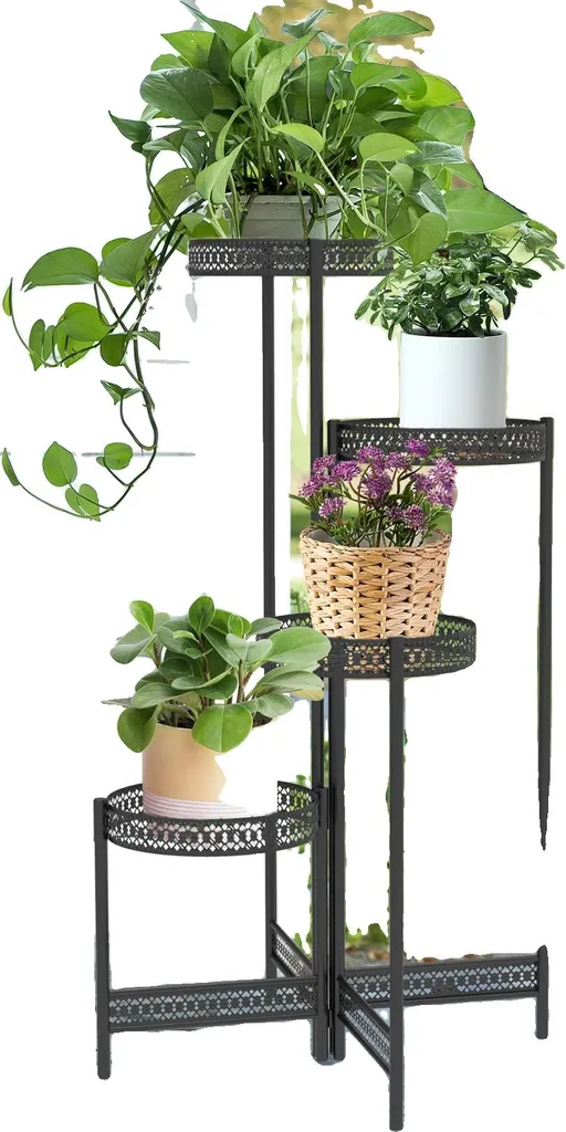 Support de plantes pliable anti-encombrement en métal noir 4 pots