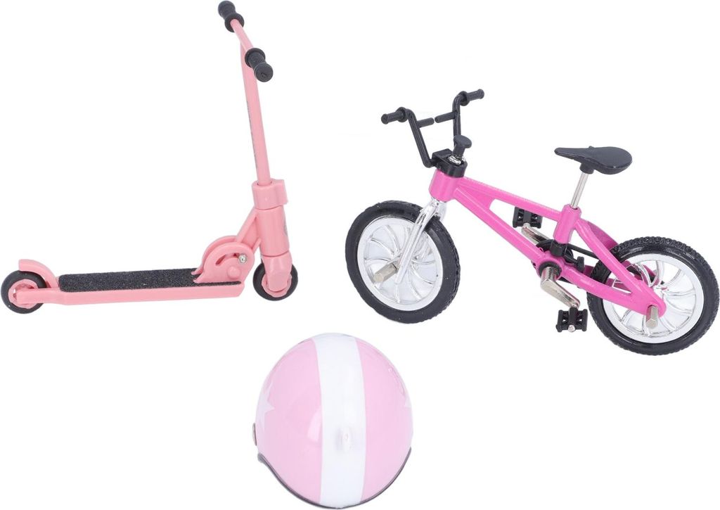 Miniatur-Fahrrad-Roller-Set mit Helm, realistische hohe Simulation, Gartendekoration, Puppenhaus, Rosa