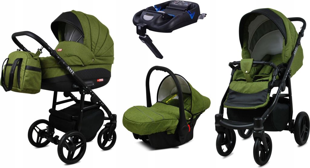 BabyLux Axel | 4in1 Kinderwagen Set | Olive | Kombikinderwagen | Kinderwagenset | Isofix-Basiss