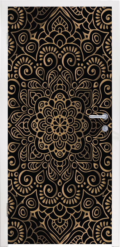 MuchoWow Türtapete Selbstklebende Türfolie Goldenes Muster auf schwarzem Hintergrund 80x205 cm Türposter Türaufkleber Klebefolie Türklebefol...